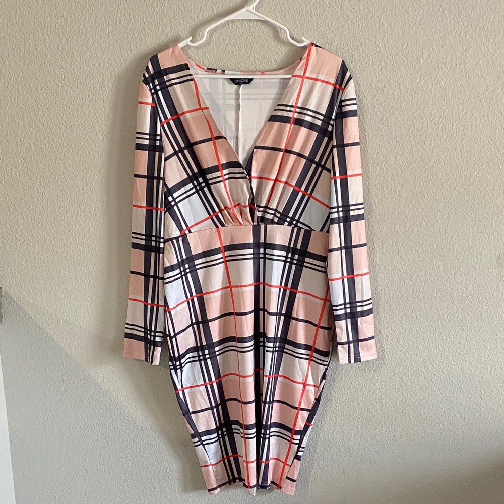 ChicMe Plaid V-Neck Dress in Pink, Black, and Red